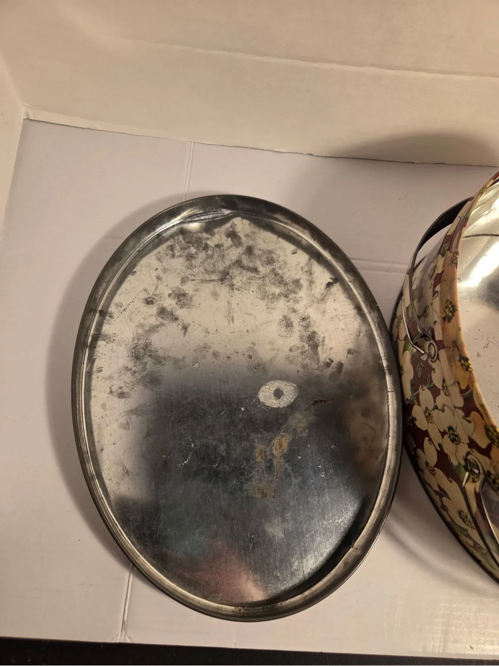 Vintage Dogwood Flower Metal Tin With Handles White Brown Sewing Basket